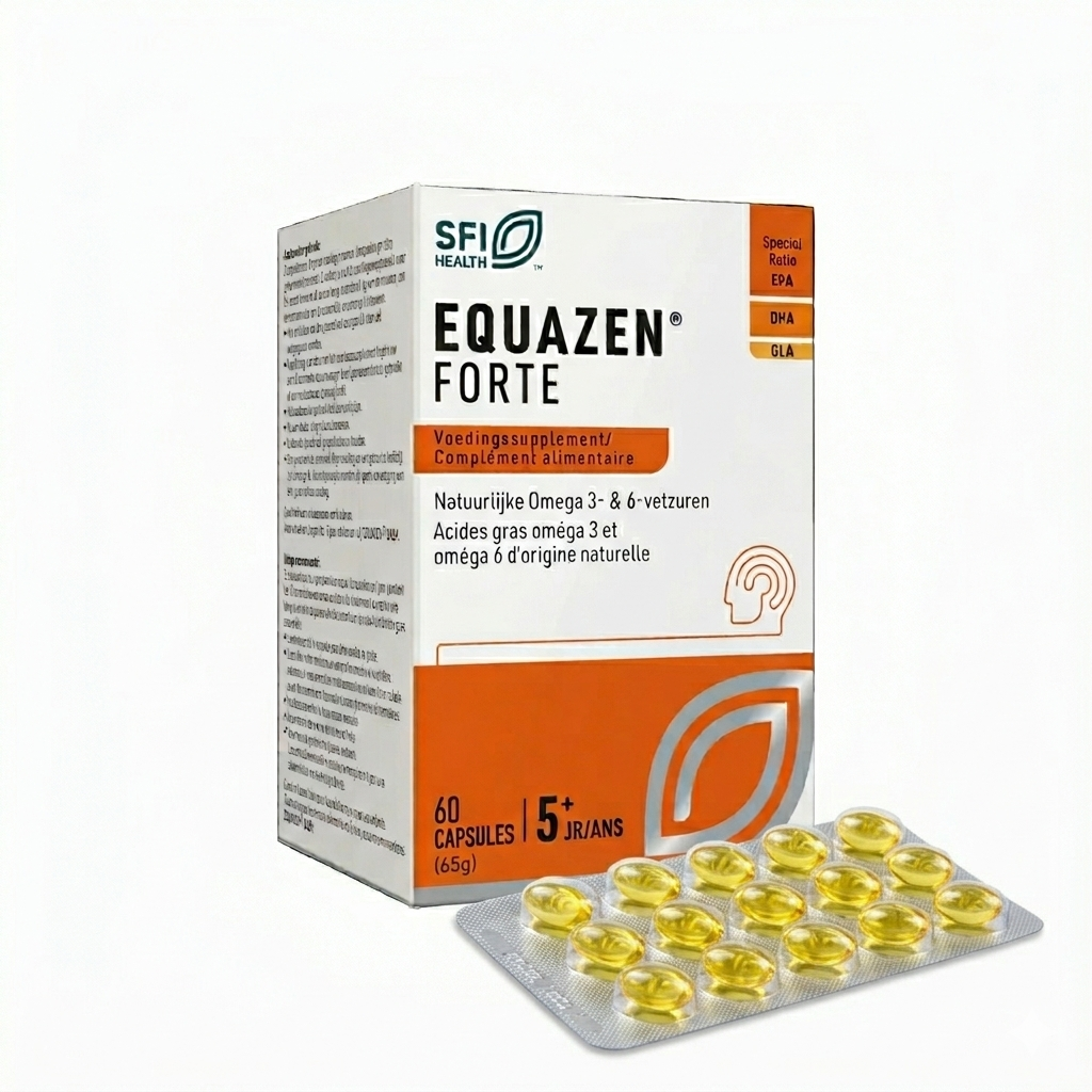 Box of Equazen Forte supplements with yellow capsules on a white background