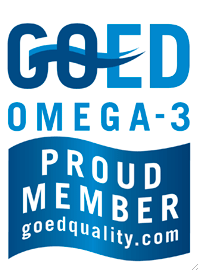 GOED Omega-3 Proud Member logo with blue and white colors